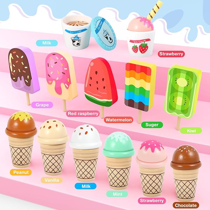 Ice Cream Toy, Wooden Ice Cream Toys for Kids Toddlers, Pretend Play Kitchen Food Toys, Wooden Play Store Counter Shop Playset for Toddlers, Toy Gift for 3 4 5 6 7 8 Year Old Girls Boys