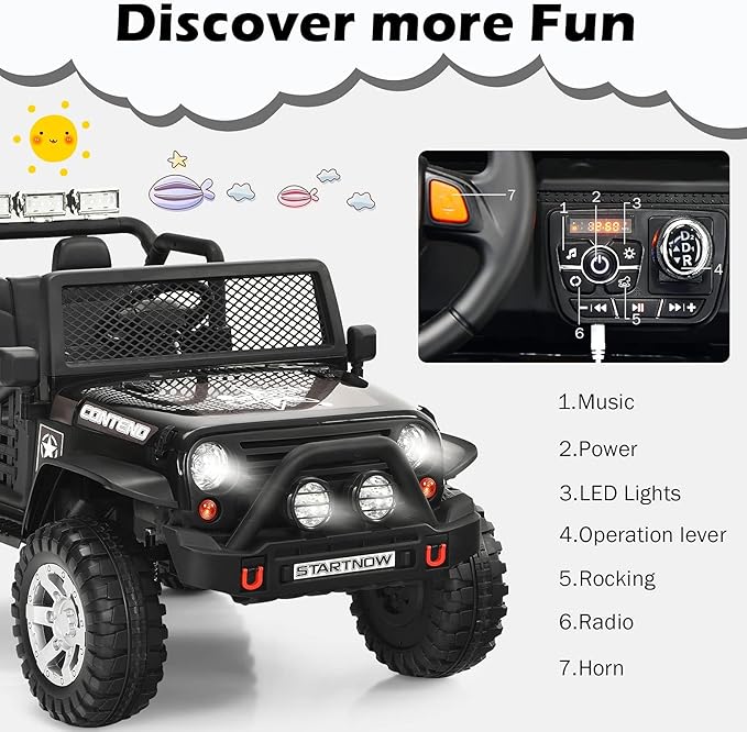 Costzon 2-Seater Ride on Truck, 12V Battery Powered Electric Vehicle w/Remote Control, 2 Speeds, Spring Suspension, LED Light, Horn, Music/ MP3, 2 Doors Open, Ride on Car for Kids (Black)