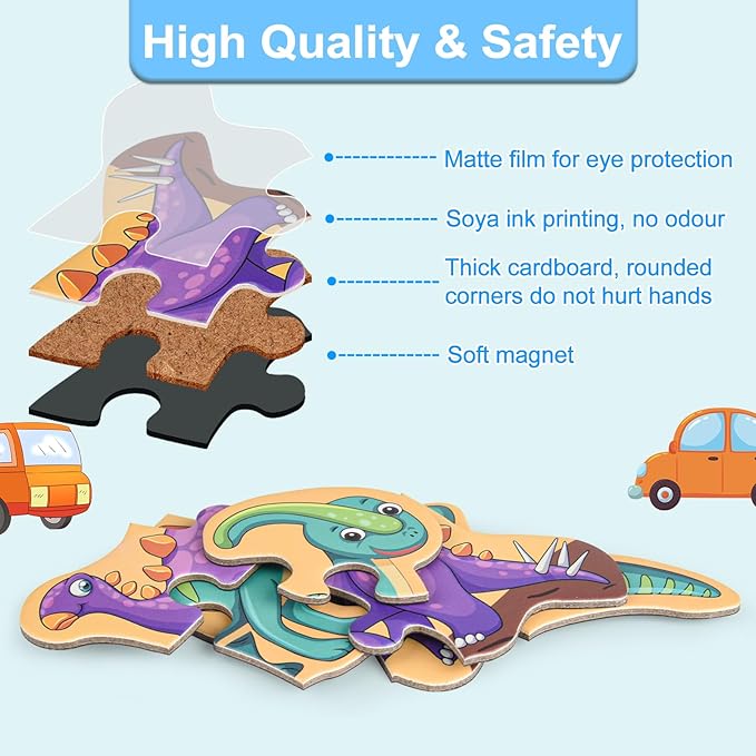 ASTARON 3D Magnetic Dinosaur Puzzle with 80 Puffy Stickers for Toddlers, Dino Magnets for Toddlers 1-3 Preschool Education Learning Travel Toys Car Plane Activities for Kids Road Trip Birthday Gifts