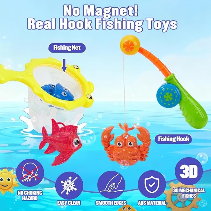 Bath Toys Fishing Toys Game for Kids Ages 1-3, 22 PCS | Mold-Free Toddler Bath Toys with Fishing Pole Rod Net Floating Fish & Storage Bag, No Hole Bathtub Toys, Outdoor Water Toys for Kids Ages 4-8