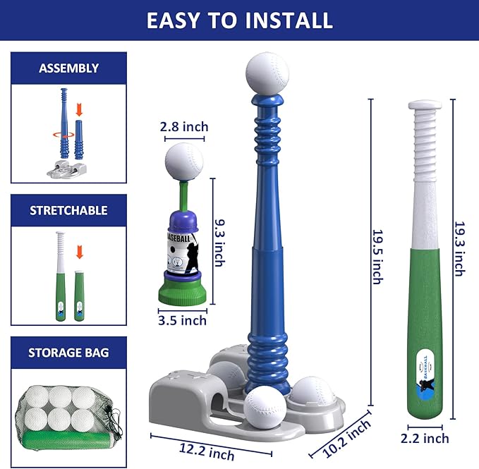 QDRAGON 2 in 1 T Ball Sets for Kids 3-5 5-8, Tee Ball Set with Automatic Pitching Machine/Adjustable Batting Bat & Stand/6 Balls, Baseball Toys Outdoor Sport for Toddlers Boys, Blue