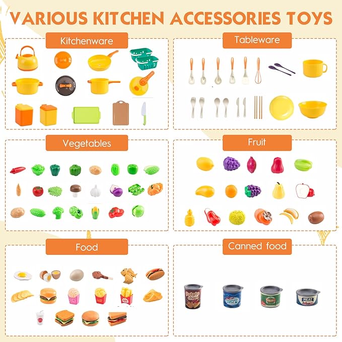 200Pcs Mini Play Kitchen Accessories for Kids, Pretend Cooking Playset with Cookware, Tableware & 2 Fruit Sets, Learning Gift for Girls, Boys, Toddlers, Yellow