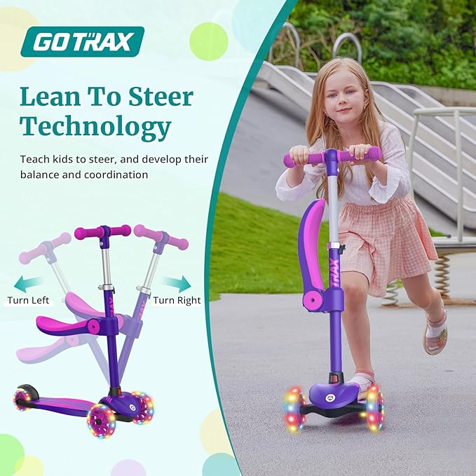 Gotrax KS3 Kids Kick Scooter, LED Lighted Wheels, Adjustable Height Handlebars and Removable Seat, Lean-to-Steer & Widen Anti-Slip Deck, 3 Wheel Scooter for Kids Ages 2-8 and up to 100 Lbs