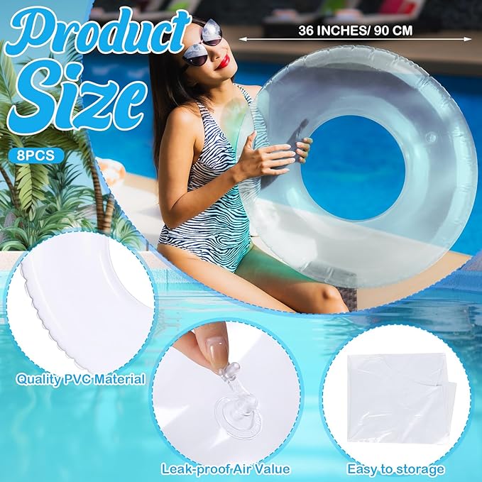 8 Pcs Large Inflatable Pool Float 36 Inches Swimming Ring Pool Floats Adult Inflatable Tube for Summer Vacation Beach River Bachelorette Wedding Party Supplies