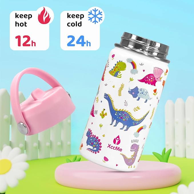 Dinosaur Kids Water Bottle With Straw Lid,14 oz Stainless Steel Travel Bottle,Double Wall Leak Proof Kids Cup,Insulated Tumbler for Toddlers,Pink Metal Bottle for School Boys Girls
