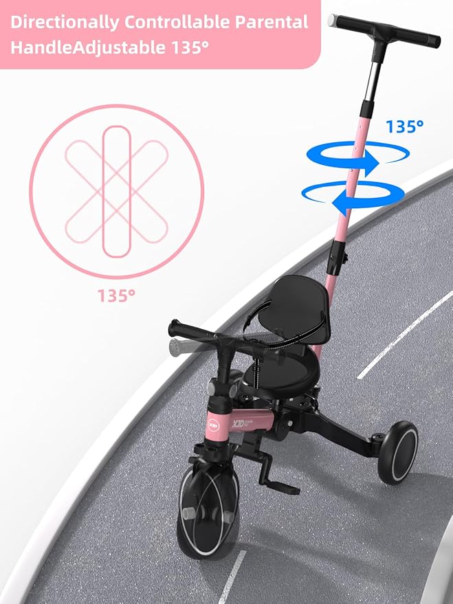 XJD Toddler Bike, 6 in 1 Folding Toddler Tricycle for 1-4 Year Old with Parental Control Handle, Balance Bike with Removable Pedal, Backrest, Adjustable Seat and Handle, First Birthday Gifts (Pink)