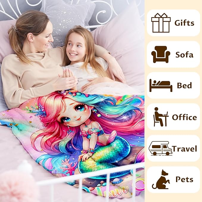 Personalized Blanket Gifts for Girls, Mermaid Throw Blanket for Kids Teens, 80"x60" Custom Cute Blankets for Couch Sofa Bed Mermaid Stuff Bedroom Decor