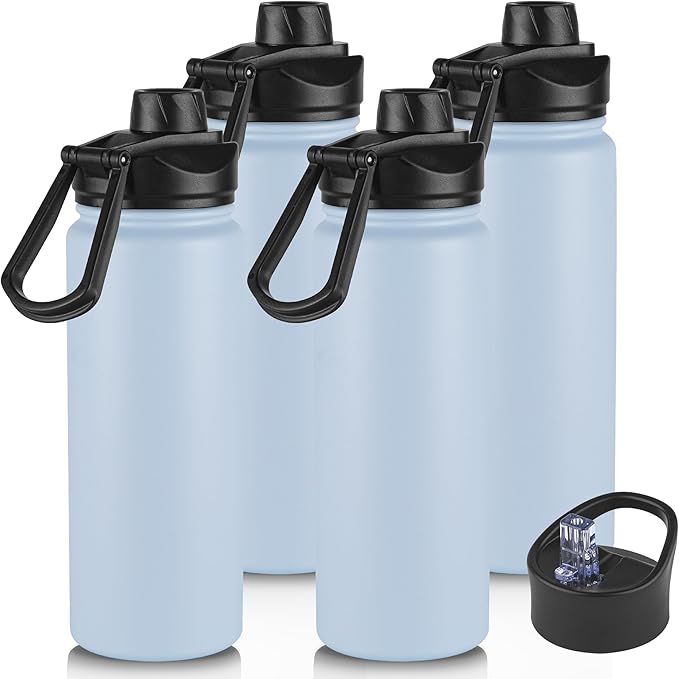 24oz Insulated Water Bottle with Straw Lid, Stainless Steel Metal Water Bottle with Straw & Wide Mouth Lid, Double Wall Vacuum Water Bottle for Hiking Camping, Light Blue 4 Pack
