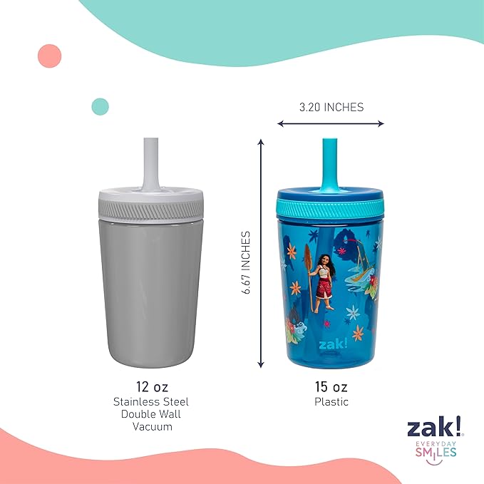 Zak Designs Disney Moana 2 Kelso Toddler Cups For Travel or At Home, 15oz 2-Pack Durable Plastic Sippy Cups With Leak-Proof Design is Perfect For Kids (Moana, Maui, Simea)