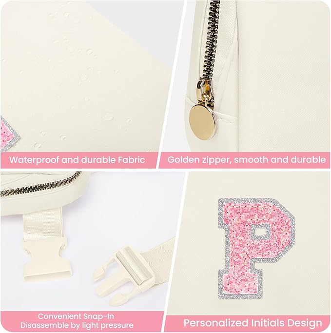 Personalized Belt Bag for Women Girls,Fashion Waist Packs with Adjustable Strap, Fanny Pack Crossbody Bag with Initial Letter Patch, Teen Birthday Gifts for Sister Teenager Tween Preteen (Cream, P)