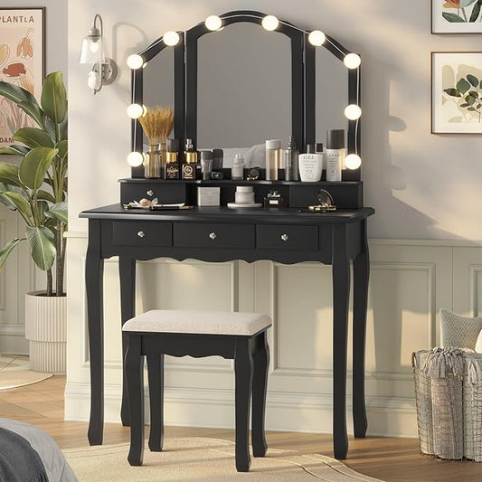 Tiptiper Vanity Desk, Makeup Vanity with Lighted Tri-fold Mirror and Stool, Vanity Set with 5 Drawers, 3 Light Settings & Adjustable Brightness, Black