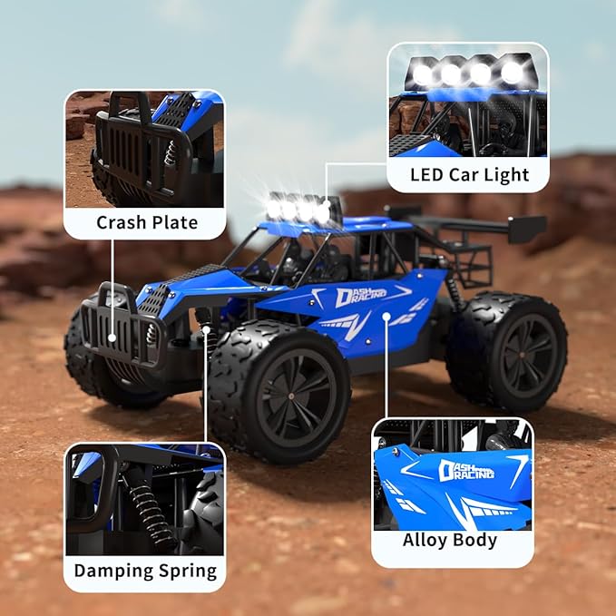 Remote Control Car Monster Truck Toys 1:16 Scale RC Car For Boys 2.4GHz High Speed 20 km/h With LED Headlights,Rechargeable RC Cars Gifts for Boys 4-7 8-12 Christmas, Beginner, Kids 6-12+(Blue)