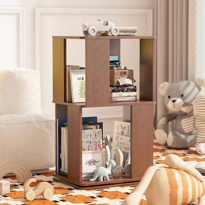 2 Tier Solid Wood Rotating Bookshelf Tower on Wheels, 360° Upgrade Spinning Book Shelf, Revolving Bookcase Organizer, Swivel Bookshelves for Small Spaces, Corner, Bedroom, Kids Room, Office (Walnut)
