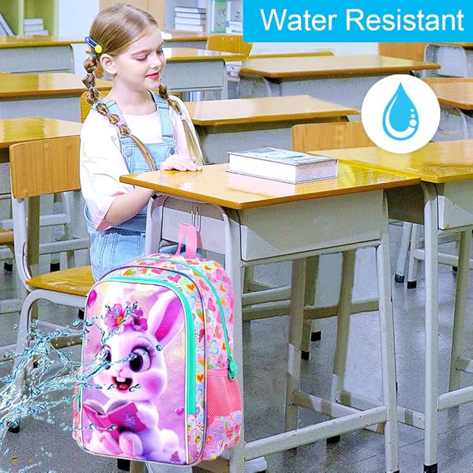 CCJPX 3Pcs Bunny Backpack for Girls, 16” Kids Bookbag with Lunch Box, Water Resistant Elementary School Bag for Kindergarten Preschool Toddler (Pink)