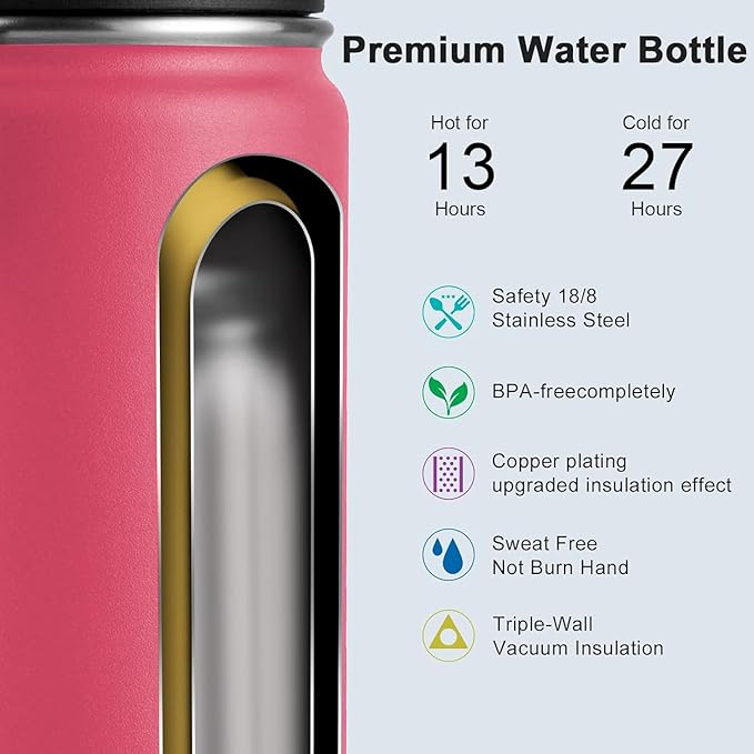 koodee Small 12oz Stainless Steel Vacuum Insulated Wide Mouth Water Bottle with Leakproof Spout Lid (Pink Red)