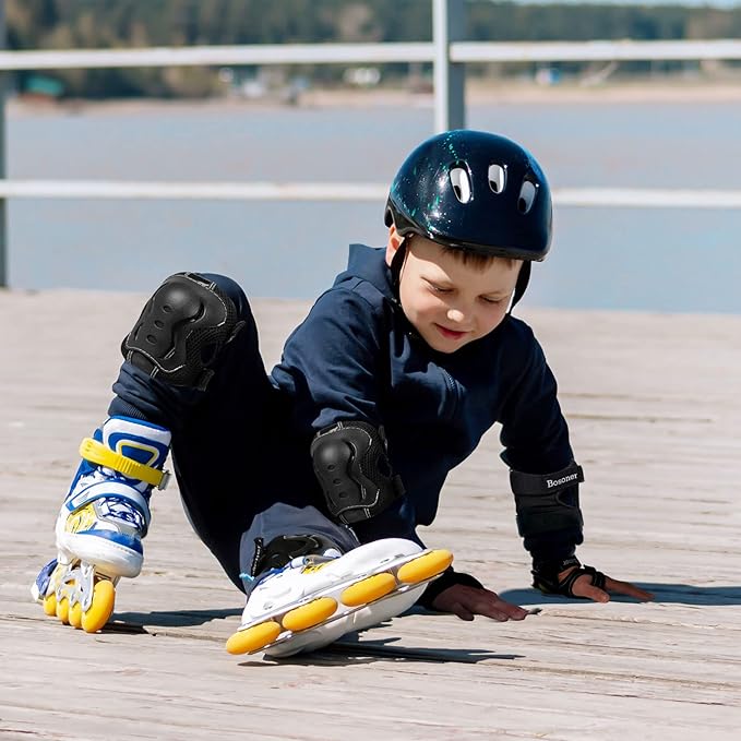BOSONER Knee Pads for Kids Roller-Skating: Adjustable Protective Gear Set Knee Elbow Pads Wrist Guards for Bike Cycling Skateboarding Scooter Gifts 3-8/9-15 Years Boys Girls