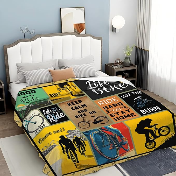 Bicycle Cycling Blanket for Mens, Bike Flannel Throw Blanket, Fleece Soft Cozy Stuff Blankets Gift for Women Men Couch Sofa Bed 80" x 60"