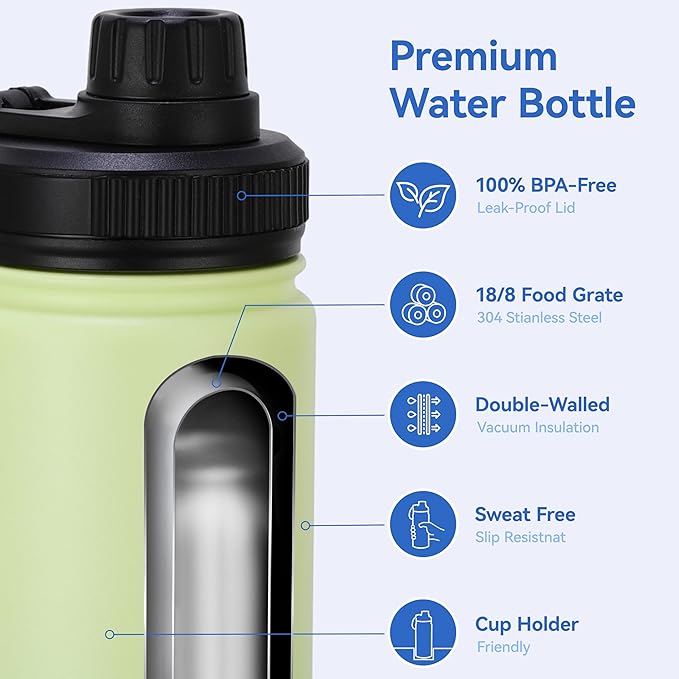 DOMICARE 16 oz Water Bottle Stainless Steel Double Wall Vacuum Insulated Water Bottle with Straw lids & Spout Lid, Leakproof