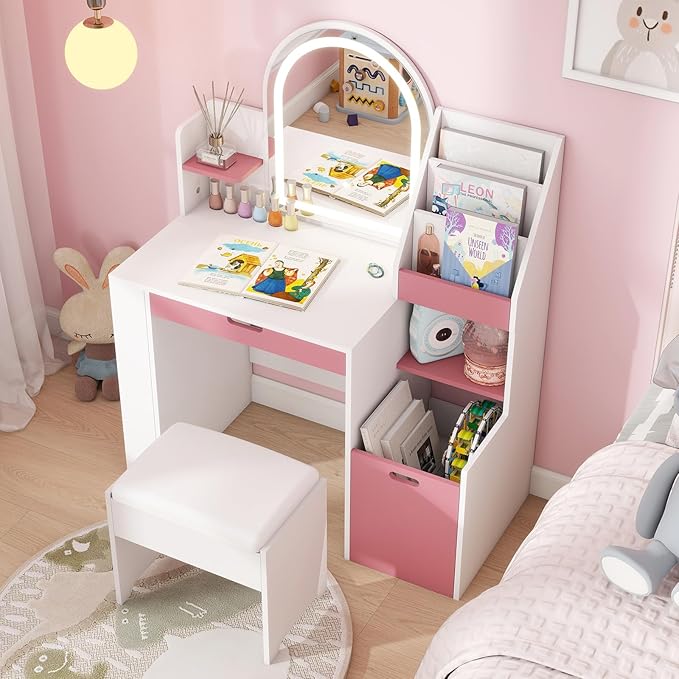 ARTETHYS Kids Vanity with Mirror and Lights Small Princess Pink & White Dressing Table with Open Bookshelf 3 in 1 Toddler Makeup Vanity Desk Set with Storage Chair and Toy Organizer for Little Girls