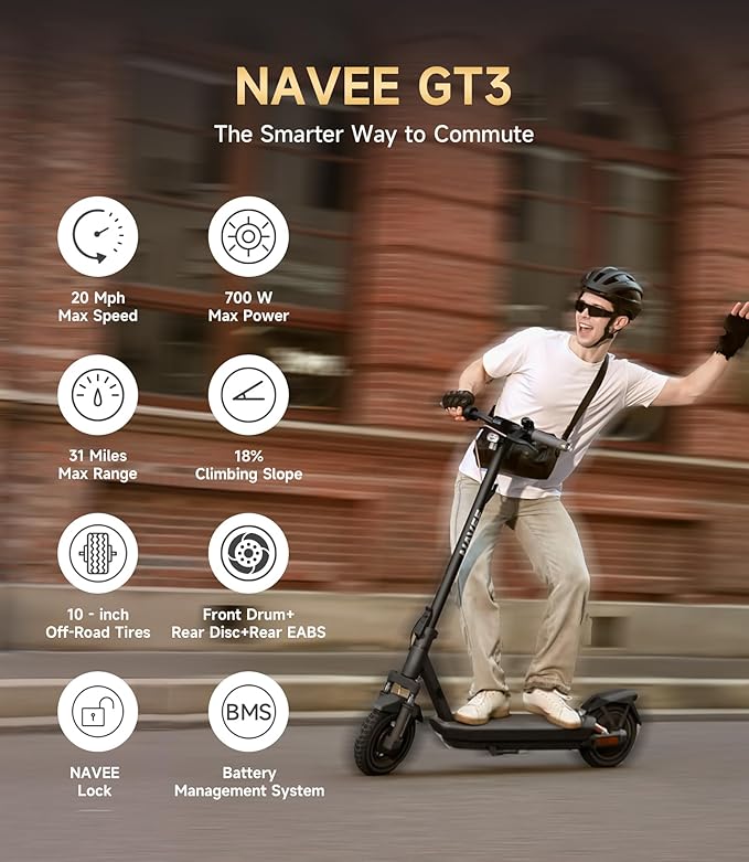 NAVEE GT3 Series Electric Scooter Adults, e Scooter, Fast 20 Mph, 700w 500w Motor with Suspension, Long Range 30 Miles, 10" Tires All Terrain, Foldable for Commuter Men Adult Teens Students Heavy Duty