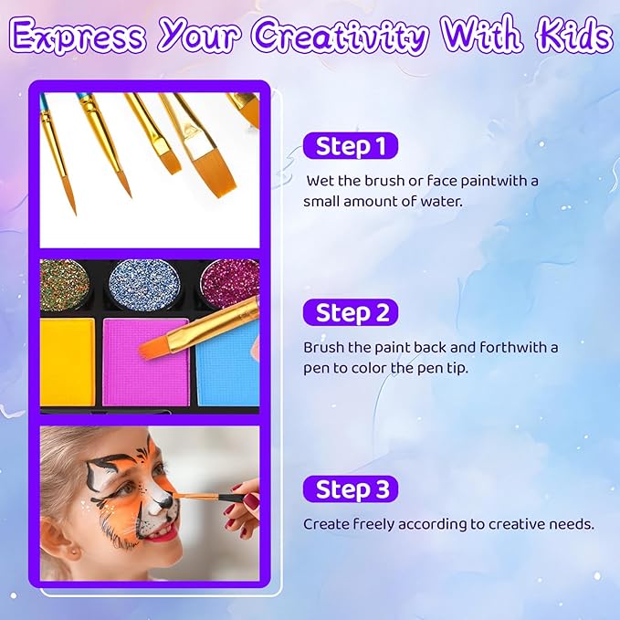 42 Colors Face Painting Kit for Kids，Non-Toxic Water Face Painting Palette Kit Professional whit Brushes，Stencils，Gems，sponges，Book&Glitters.Carnival，Halloween，Cosplay，Party； for Kids Makeup Artist