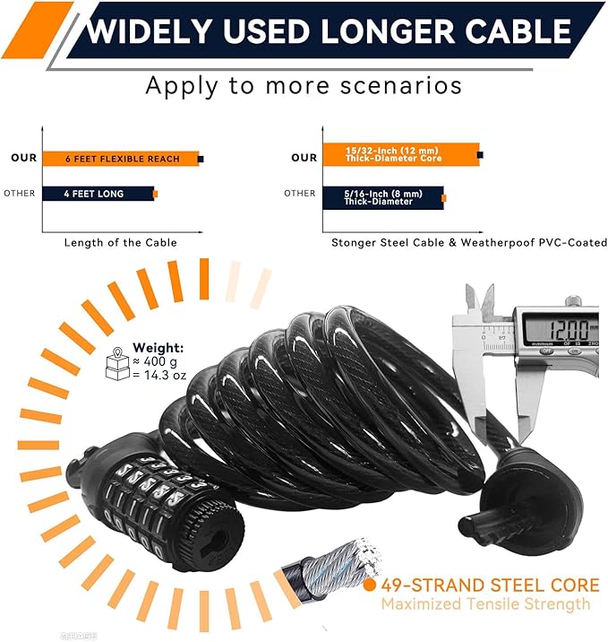 SEPOX® 4Pcs Pack 6FT Extra Long Cable Combination Bike Locks, 5 Digits Retractable Security Lock, 12mm Heavy Duty Anti Theft Anti Rust Cable for Bicycle, Scooter, Gate, Outdoor Equipment, Weatherproof
