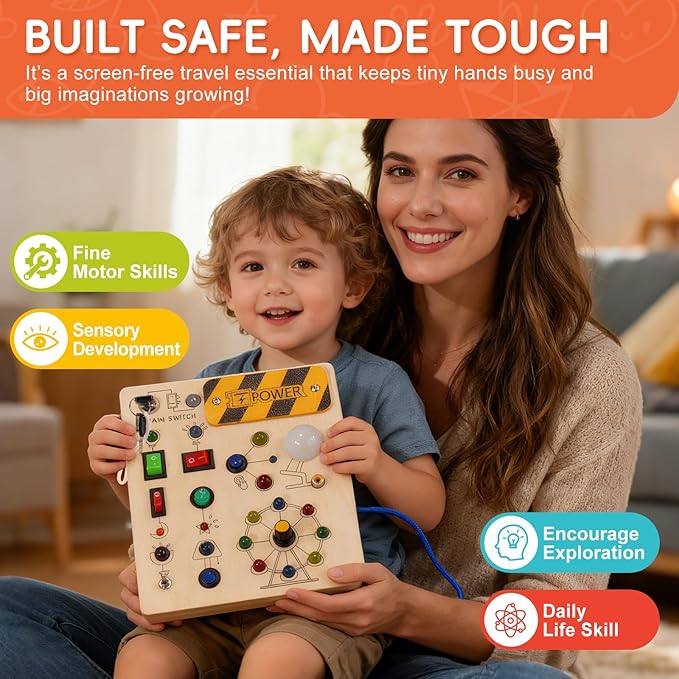 Montessori Busy Board for Toddlers, 19-LED Wooden Sensory Activity Board, Educational Toys for 3-6 Year Olds, Travel Toy for Early Science Exploration