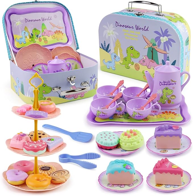 Motiloo 41 Pcs Dinosaurs Kids Tea Party Set with Carrying Case & Sweet Treats Playset - Pretend Toy Tin Tea Set for Little Girls - Princess Tea Time Pretend Play Tea Set Toys