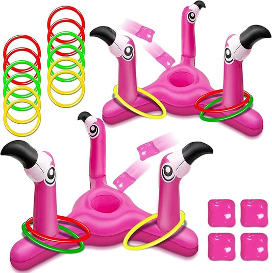 2 Pack Inflatable Flamingo Pool Toys Games Set, 2-in-1 Floating Pool Rings Toss & Cornhole Summer Swimming Luau Party Decor Hawaii Beach Toy Luau Party Games Supplies for Kids Adults Family