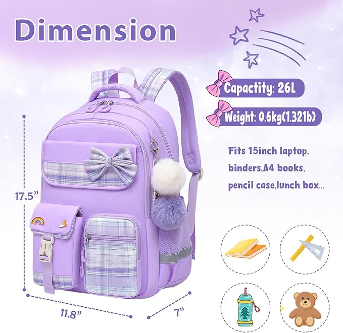 School Backpack for Girls Kids Bookbag for Elementary Middle School Casual Travel Daypack Teen Backpacks Purple