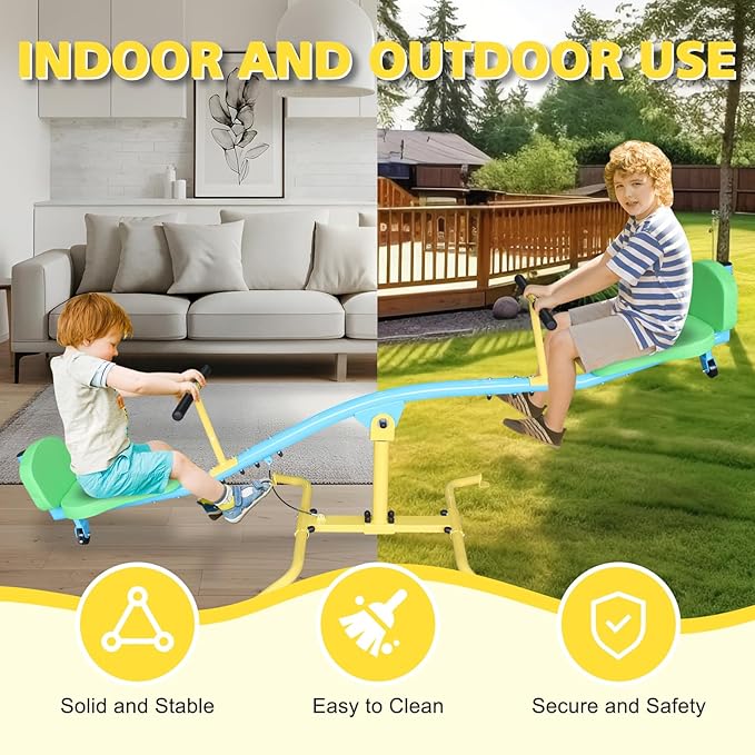 360 Degree Rotation Seesaw Swivel Teeter-Totter, 2/3/4 Seats Sit and Spin Outdoor Playground Equipment for Kids, Toddlers, Boys, Children (Green-2 Padded Seats)