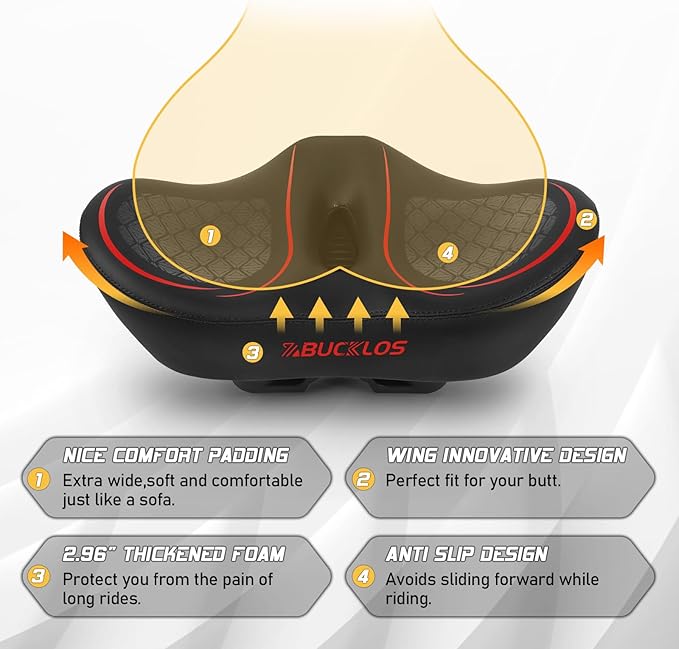 BUCKLOS New Noseless Bike Seat for Comfort Men&Women Extra Wide Bicycle Seat Cushion Oversized Comfortabele Foam Padded Bike Saddle for Peloton Exercise Bike Ebike Cruiser Bikes