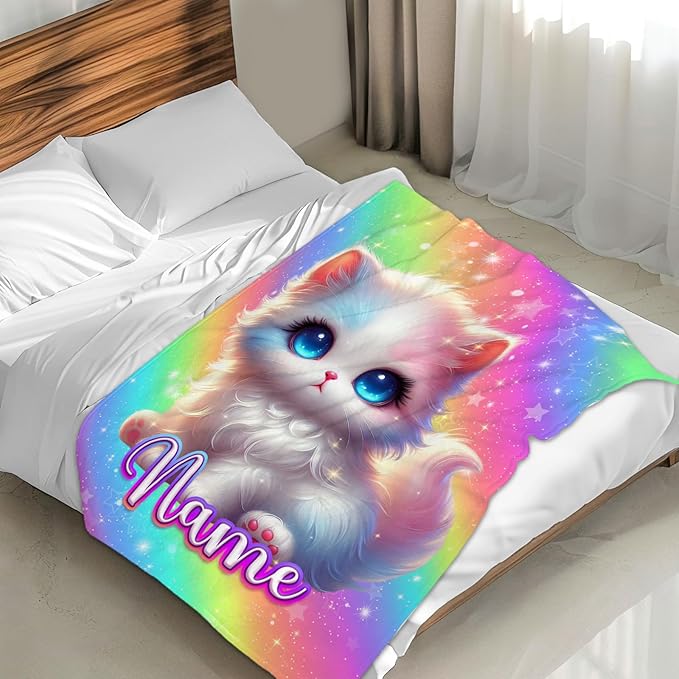 Girls Blanket Personalized Cat Stuff Throws Gifts for Kids Teens Age 8-12, 50x60 Inches Custom Comfy Soft Cozy Throw for Couch Bedroom Outdoors Home Decorations