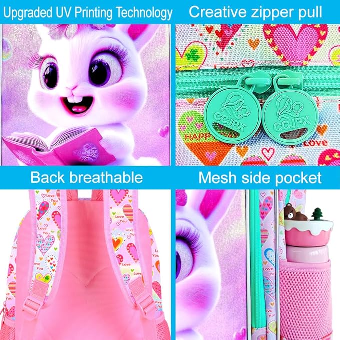 CCJPX 3Pcs Bunny Backpack for Girls, 16” Kids Bookbag with Lunch Box, Water Resistant Elementary School Bag for Kindergarten Preschool Toddler (Pink)
