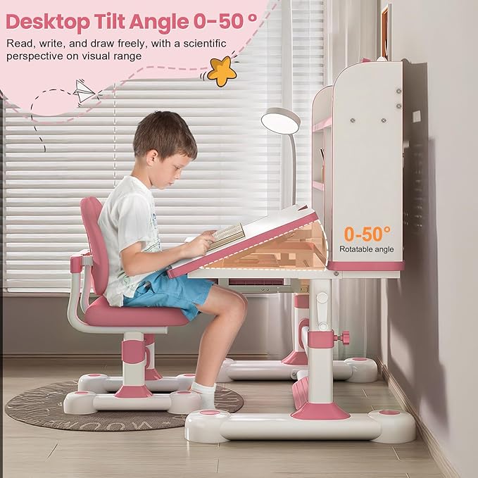 Kids Desk and Chair Set, Height Adjustable Study Table with Bookshelf & Storage Drawer, 0-50° Tiltable Desktop, Ergonomic Study Desk for Boys and Girls Ages 3-12 (Pink)