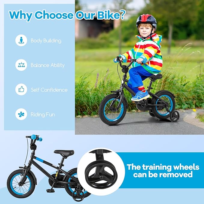 BABY JOY Colorful Macarons Kids Bike, 12 14 16 18 Inch Sporty Children's Bicycle with Training Wheels, Adjustable Handlebar & Saddle, Handbrake & Coaster Brake, Boys Girls Bike for 3-8 Years Old