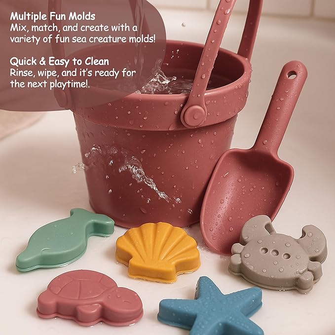 Silicone Beach Toys for Toddlers, Travel Friendly Sand Toys for Babies 6-12 Months, Collapsible Beach Bucket and Shovel Set with 6 Sand Molds for Kids, Family（Pink）