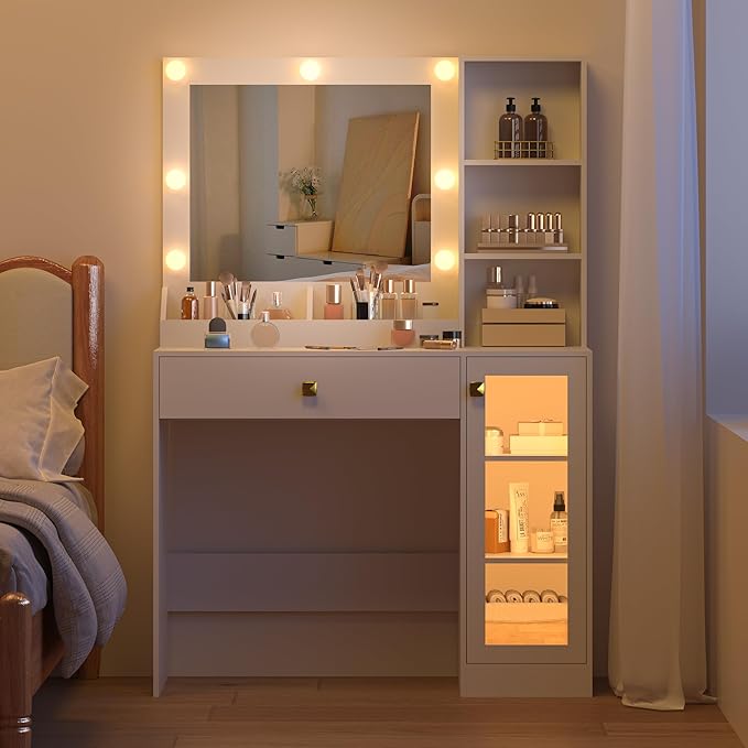Small Vanity Desk with Mirror and Lights, Makeup Vanity Desk with Adjustable Brightness 3 Light Modes, RGB Storage Cabinet, Power Outlet, Drawer, Shelves, Vanity Table for Women Girls Bedroom