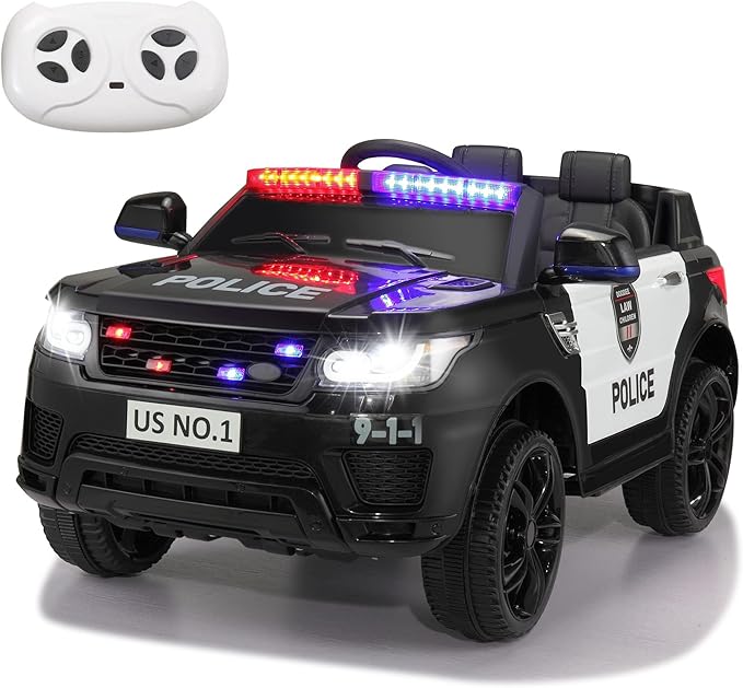 TOBBI Police Car Ride on Electric Car for Kids to Drive Battery Powered Ride-on Toys Cop Cars with Remote Control, Siren, Flashing Lights, Music, Spring Suspension, Carbon Black