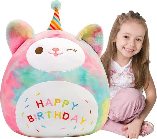 Sioloc 24" Rainbow Birthday Cat Plush Pillow - Soft Kitten Stuffed Animal Toy, for Kids, Toddlers, Birthday Decor