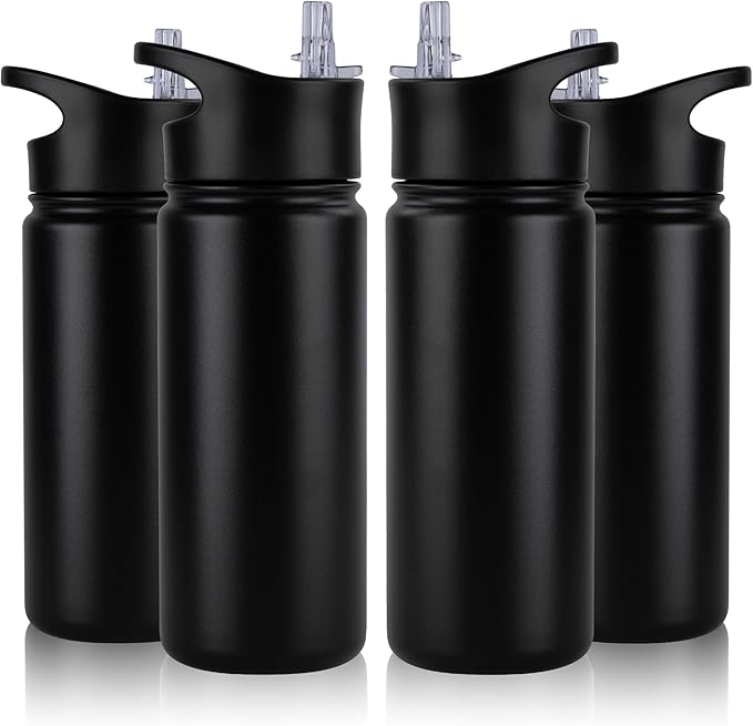 16 oz Insulated Water Bottle Bulk 4 Pack, Straw & Spout Lid, Keep Cold 24H, Spill Proof, BPA-Free, Double Wall, Stainless Steel Kids Water Bottles for School, Sports, Black