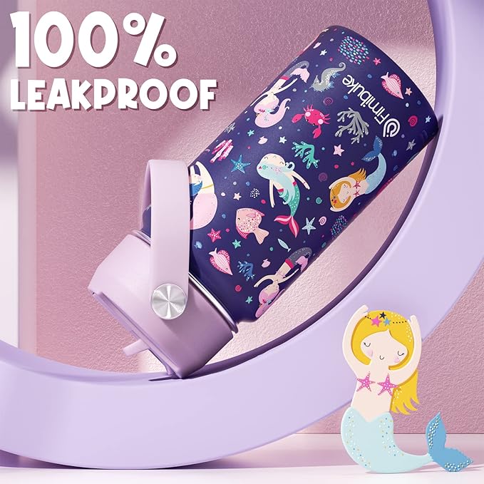 Fimibuke Kids Insulated Water Bottle, 14oz BPA FREE Double Wall Vacuum Tumbler 18/8 Stainless Steel Leak Proof Kids Cups with Straw Metal Water Bottle for School Boy Girl (2 Pack, RAINBOW/MERMAID)