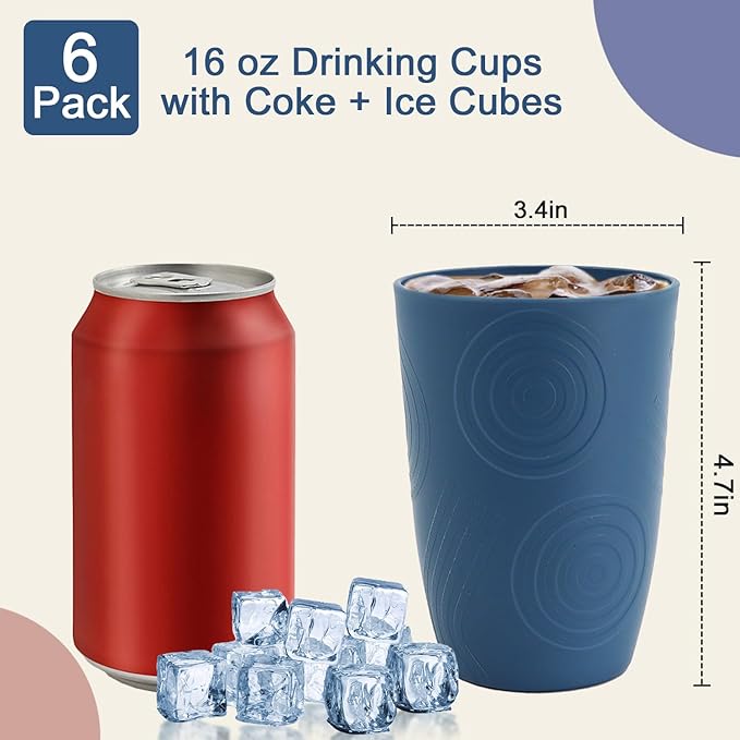 Wheat Straw Cups 6 PCS - 16 OZ Drinking Glasses, Unbreakable Large Cup, Lightweight Cup Set for Kitchen, Alternative to Plastic Cups Reusable Dishwasher Safe Water Tumbler (Multicolor)