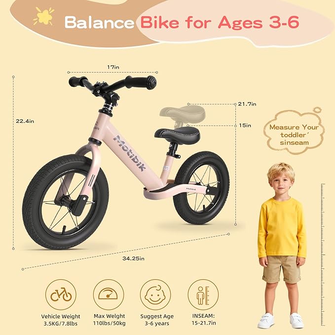 Toddler Balance Bike 3 Year Old,12 Inch Inflatable Rubber Tires,No Pedal Kids Toy Bike for 3-6 Years Old,The Perfect First Bike 3-6 Boys Girls, Multiple Colors