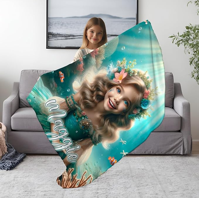 Zocoshi Custom Little Mermaid Blanket Personalized Gift for Daughter, Little Mermaid Birthday Surprise, Blanket for Her, Kids Custom Face Gifts