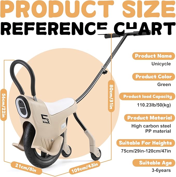 12in Hand Push Unicycle for Kids, Light Unicycle Bikes with Light/Handrails/Auxiliary Wheels, Parent-Child Unicycle Bike, Unicycle Balance Bikes, Kids Unicycle Bicycles (Khaki)