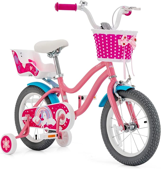 BABY JOY Kids Bike, 12 14 16 18 Inch Children Bicycle w/Detachable Training Wheels, Storage Basket, Adjustable Seat & Handlebar, Bow or Streamer, Girls Bike for 3-8 Years Old