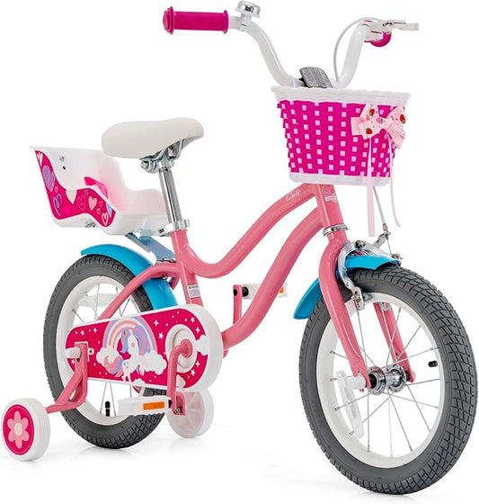 BABY JOY Kids Bike, 12 14 16 18 Inch Children Bicycle w/Detachable Training Wheels, Storage Basket, Adjustable Seat & Handlebar, Bow or Streamer, Girls Bike for 3-8 Years Old