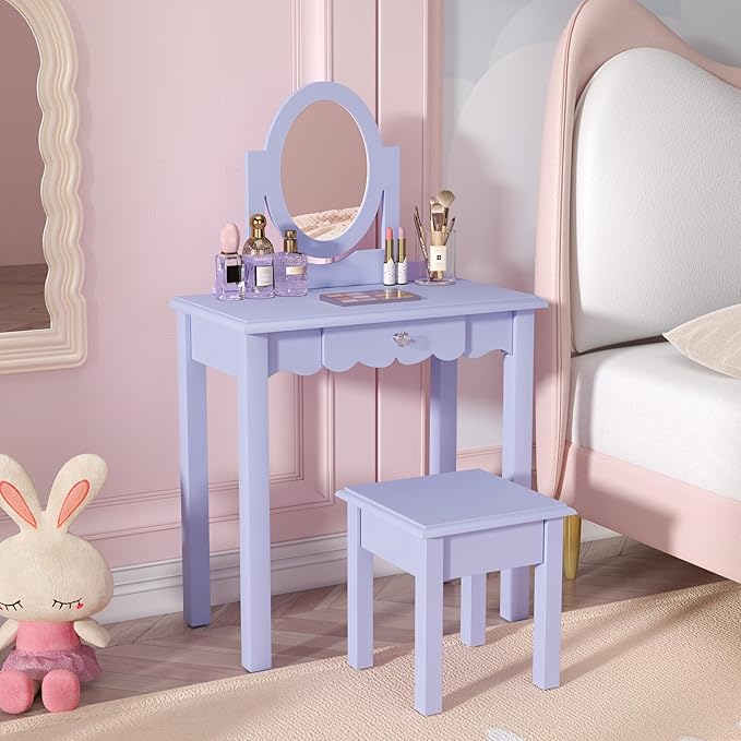 HLR Kids Vanity, Girls Vanity Set with Mirror and Stool, Wooden 2 in 1 Princess Makeup Desk Dressing Table with Detachable Top, Toddler Vanity Dresser Set with Drawer for Little Girls, Purple