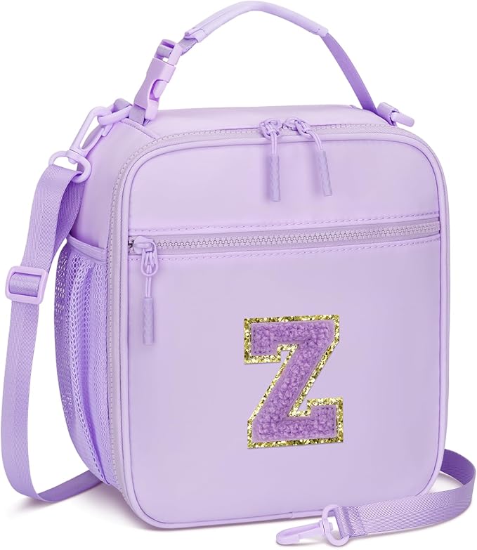 Initial Insulated Lunch Bag for Girls Kids, Back to School Gift, Reusable Leak-proof Lunch Box with Adjustable Strap for School Daycare Travel Picnic (Purple,Z)